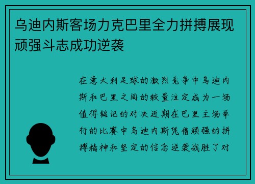 乌迪内斯客场力克巴里全力拼搏展现顽强斗志成功逆袭
