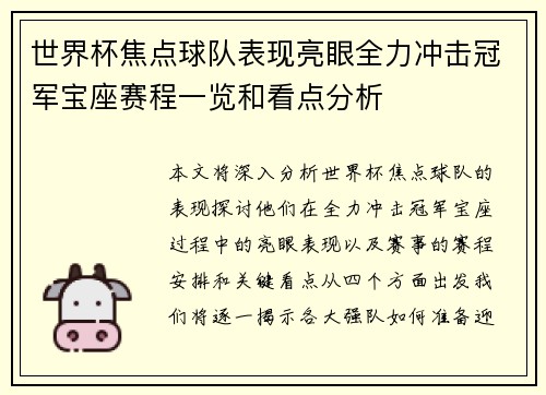 世界杯焦点球队表现亮眼全力冲击冠军宝座赛程一览和看点分析