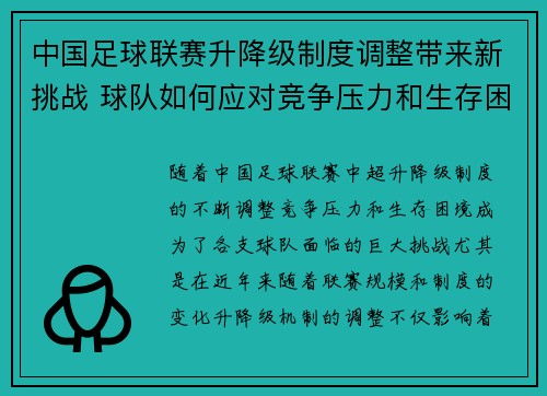 中国足球联赛升降级制度调整带来新挑战 球队如何应对竞争压力和生存困境