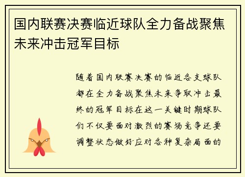 国内联赛决赛临近球队全力备战聚焦未来冲击冠军目标