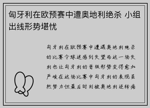 匈牙利在欧预赛中遭奥地利绝杀 小组出线形势堪忧