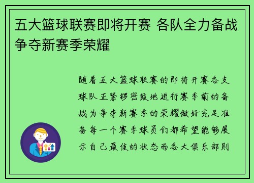 五大篮球联赛即将开赛 各队全力备战争夺新赛季荣耀