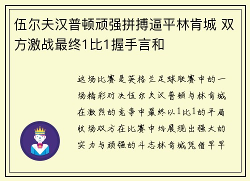 伍尔夫汉普顿顽强拼搏逼平林肯城 双方激战最终1比1握手言和