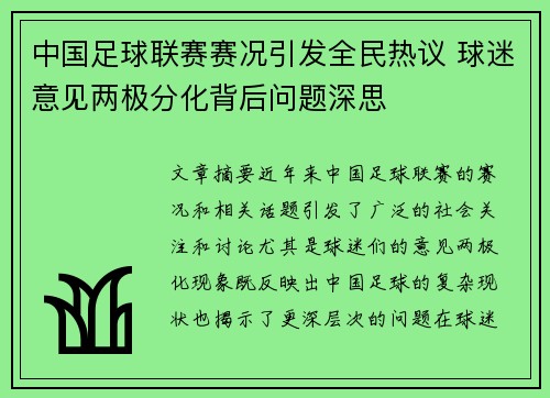 中国足球联赛赛况引发全民热议 球迷意见两极分化背后问题深思