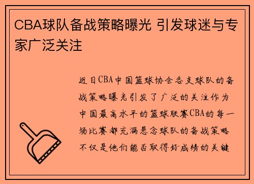 CBA球队备战策略曝光 引发球迷与专家广泛关注