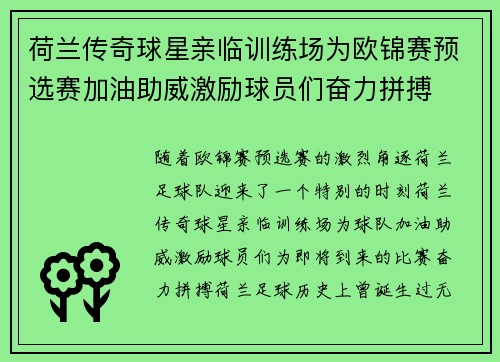 荷兰传奇球星亲临训练场为欧锦赛预选赛加油助威激励球员们奋力拼搏