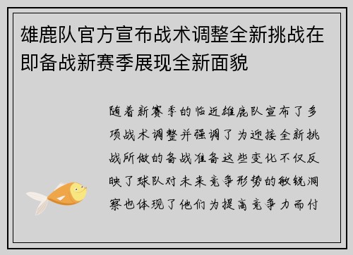 雄鹿队官方宣布战术调整全新挑战在即备战新赛季展现全新面貌