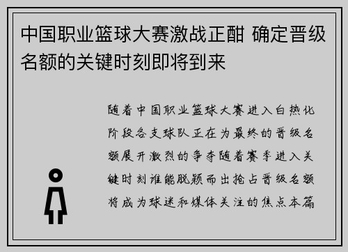中国职业篮球大赛激战正酣 确定晋级名额的关键时刻即将到来