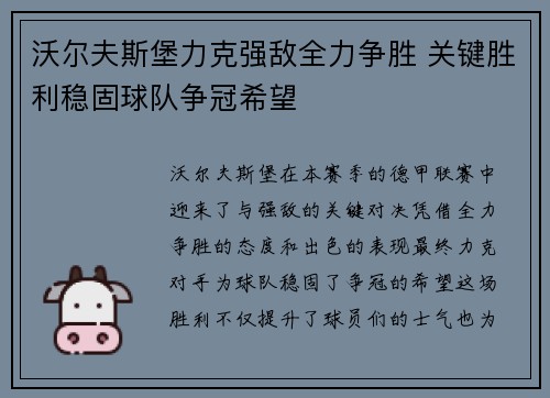 沃尔夫斯堡力克强敌全力争胜 关键胜利稳固球队争冠希望