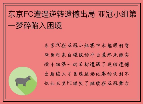东京FC遭遇逆转遗憾出局 亚冠小组第一梦碎陷入困境