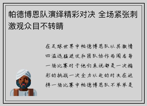 帕德博恩队演绎精彩对决 全场紧张刺激观众目不转睛